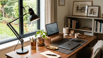 Elegant home office with warm wood desk and organized accessories